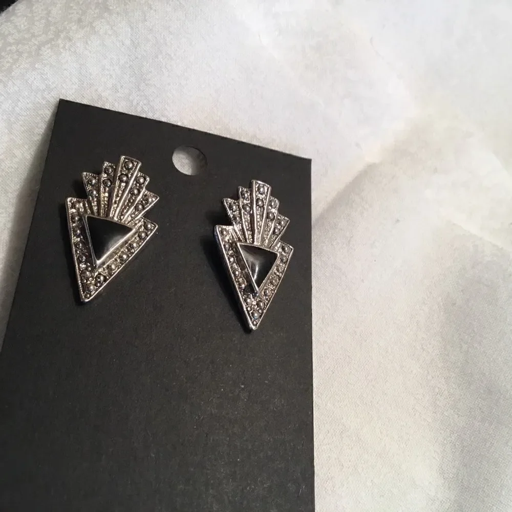 Silvertone and Black Triangle Earrings
